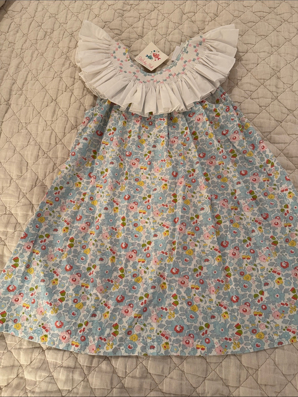 Stitchy Fish Smocked Ruffled Collar Floral Dress in Light Blue Girls Sz 7 NWT